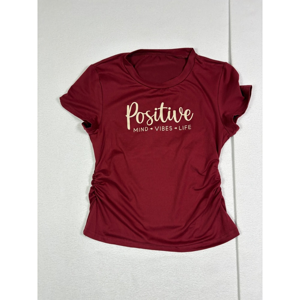 SHEIN Womens Positive Mind Vibes Life Ruched Graphic Tee Burgundy Red Small